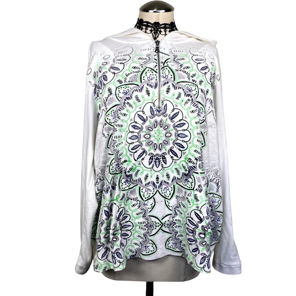 Vtg Y2K Style&Co Mandala Embellished Studded Boho Hippie 3/4 Sleeve Zipup Hoodie
